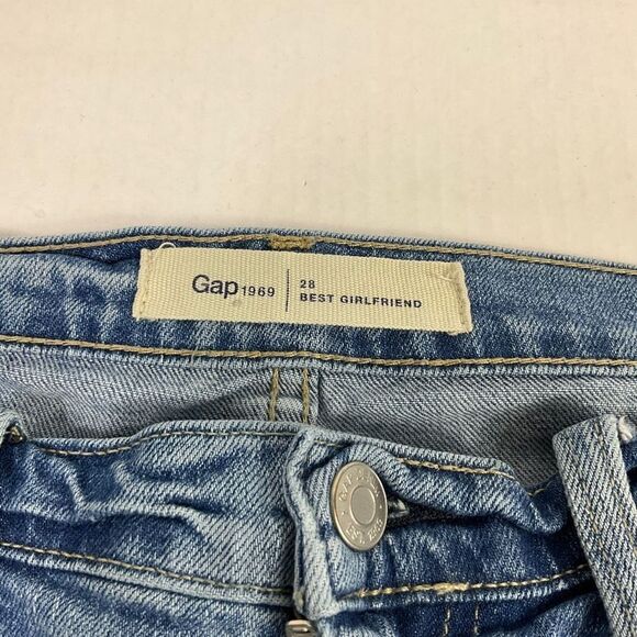 GAP Best Girlfriend Cropped Jeans Blue Embroidered Frayed Torn High Rise Size 28 - Picture 5 of 12
